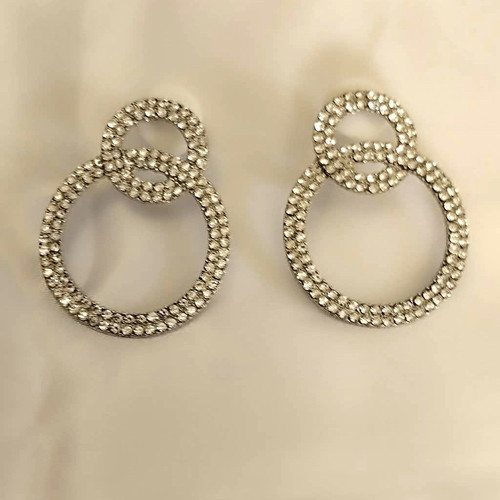 Earrings double hoops with sparkling strass new, silver