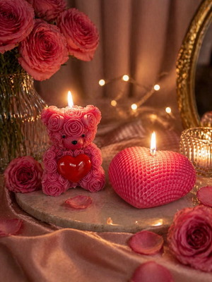 Σετ κεριών Rose Romance καινούργιο με αρκουδάκι και κερί καρδιάς