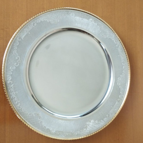 Vintage stainless steel serving tray 30cm with gold trim, mint condition