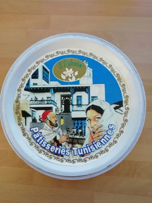 Metal tin of Tunisian sweets used, collectible 2007