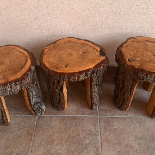 Handmade wooden stools new from tree trunk