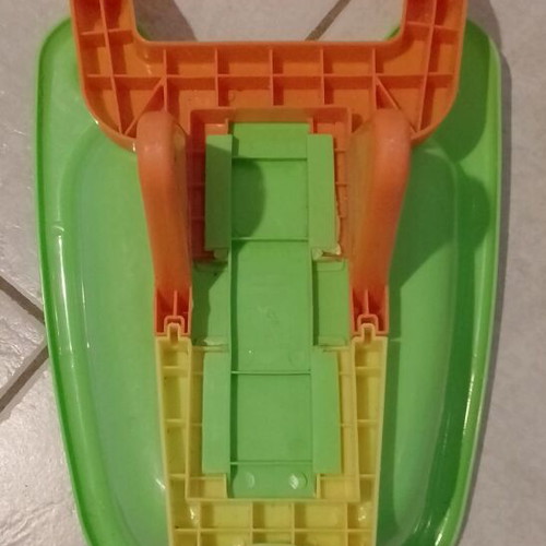 Beach toy set: plastic wheelbarrow, shovel, rake, small excavator