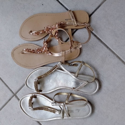 Leather sandals used, set of 2, size 37, beige and silver
