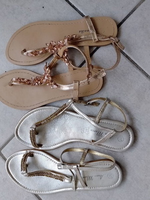 Leather sandals used, set of 2, size 37, beige and silver