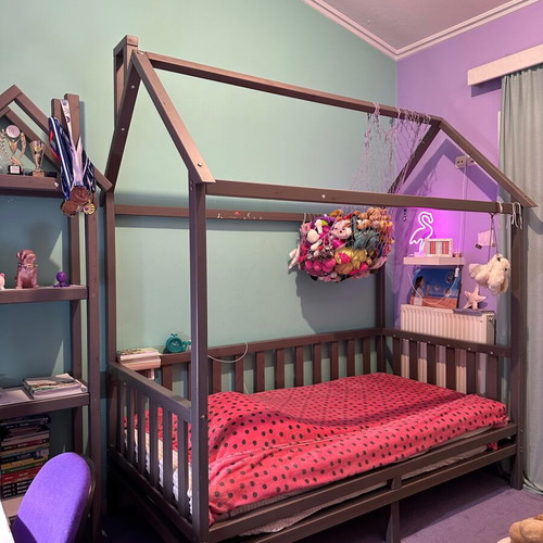 Montessori style children's bed and bookshelf set, gray wood