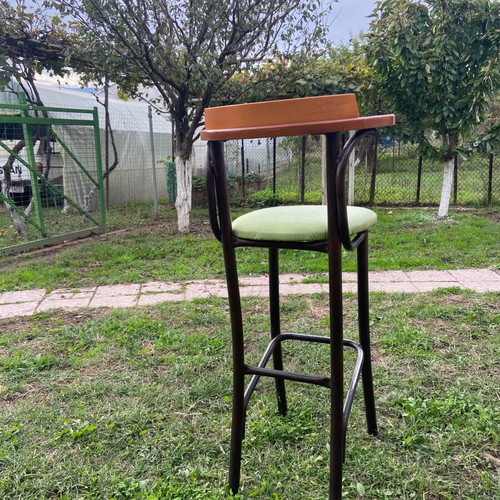 Stool like new with leatherette seat and wooden backrest