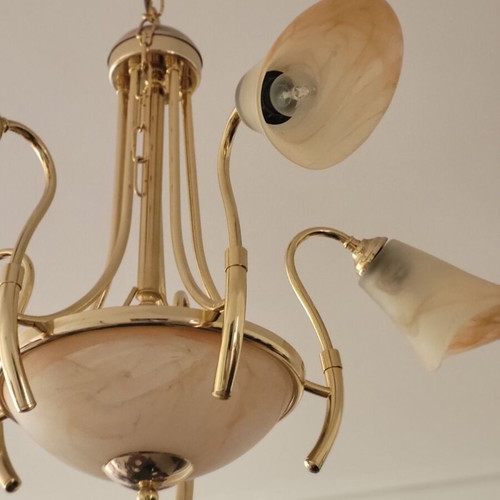 Ceiling chandelier used with handmade glass and bronze