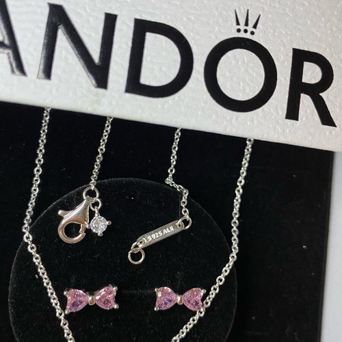 Pandora silver necklace and earrings set with pink bow new