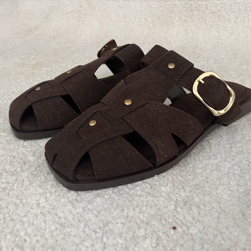 Fisherman brown flat sandals new, eco suede, gold buckle