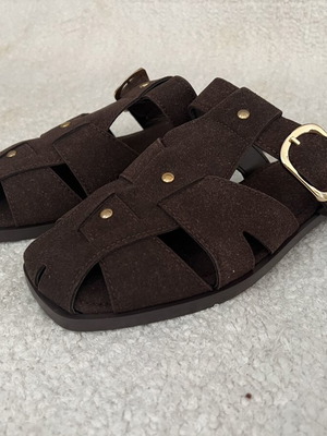 Fisherman brown flat sandals new, eco suede, gold buckle
