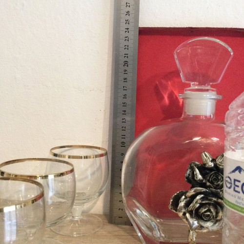 Liqueur set six drinking glasses and bottle like new