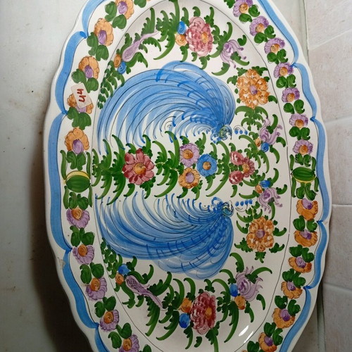 Oval Greek handmade ceramic platter with peacock design like new