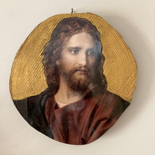 Jesus image silkscreen on oak wood