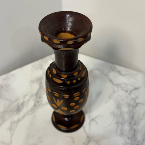 Wooden vase used, hand engraved and carved