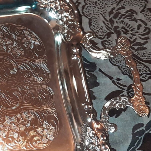 Twin bird serving tray used, nickel-plated steel, 1980s vintage