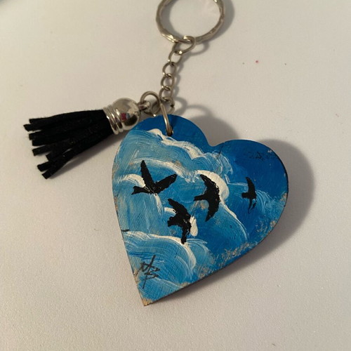 Hand-painted wooden heart keychain with leather tassel new