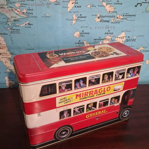 Collectible metal Walkers tin used, vintage London double-decker bus