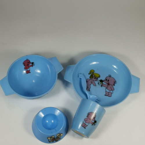 Vintage Siaroplast Greek Children's Dinner Set used, blue