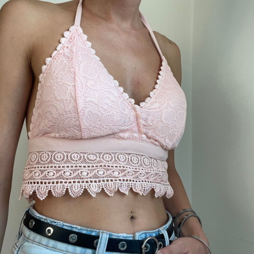 Boho Pink Lace Crop Top Halter Neck Backless Like New