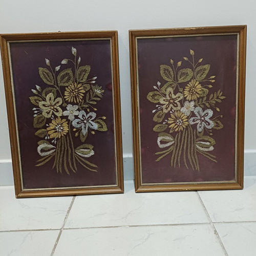 Set of two embroidered paintings used 26.5cm x 39cm