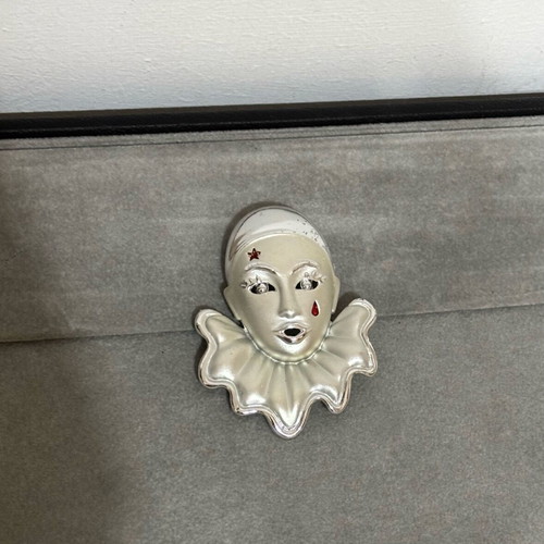 Pierrot Clown vintage pin used with red enamel and gold tone