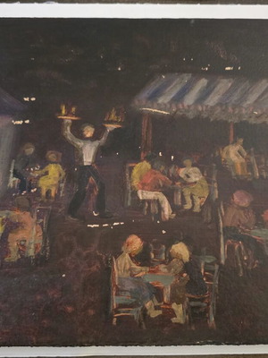 Jenny Papadaki painting The Cafe used, oil on wood