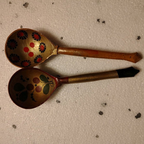 Set of wooden Japanese hand-painted spoons restored