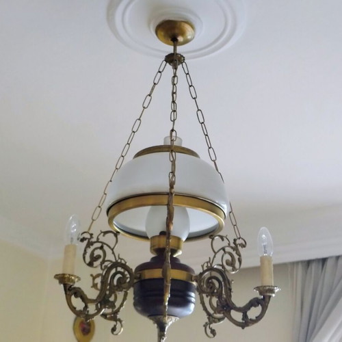 Vintage Brass Chandelier Neoclassical | Large Opaline & Candles | Rare