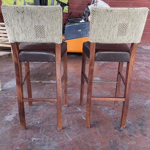 Bar stools set of 2 used with backrest, wood and leatherette
