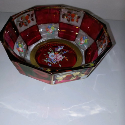 Vintage crystal bowl used 20×12cm with hand-painted flowers and bronze feet