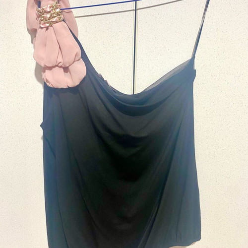 Matis women's one-shoulder blouse like new, black with pink bow, size M