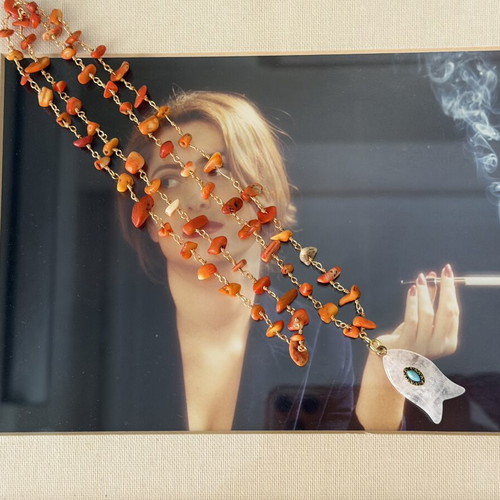 Handmade necklace with coral, copper