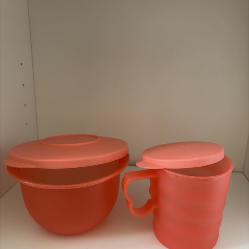Vintage Tupperware food set used, CrystalWave cup & Impressions bowl coral