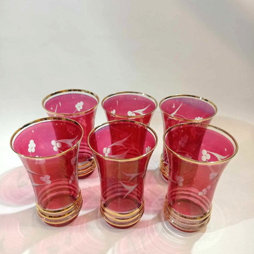 Old glasses set of six red with carved designs and gold finishes