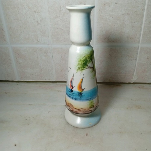 Decorative ceramic candle holder with painted sailboats like new