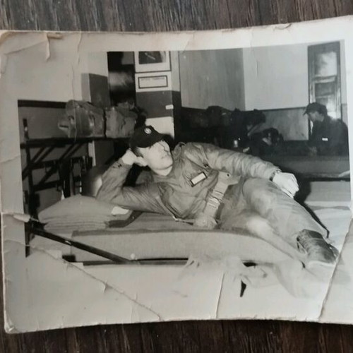 Vintage soldier photograph used, black and white