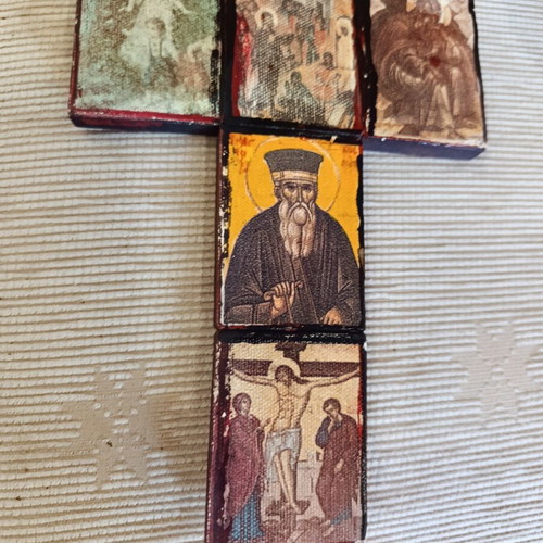 Vintage cross with silk screen prints