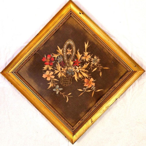 Handmade embroidery on velvet with gold thread, vintage diamond frame