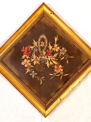 Handmade embroidery on velvet with gold thread, vintage diamond frame