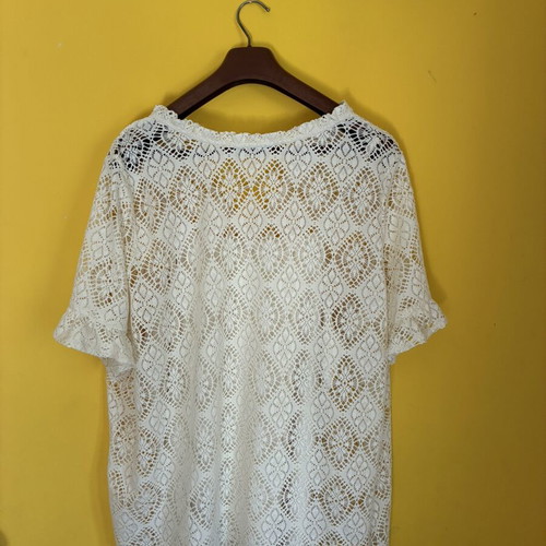 MS Mode Cream Crochet Lace Blouse with Tassel Neck and Attached Camisole, Size XL