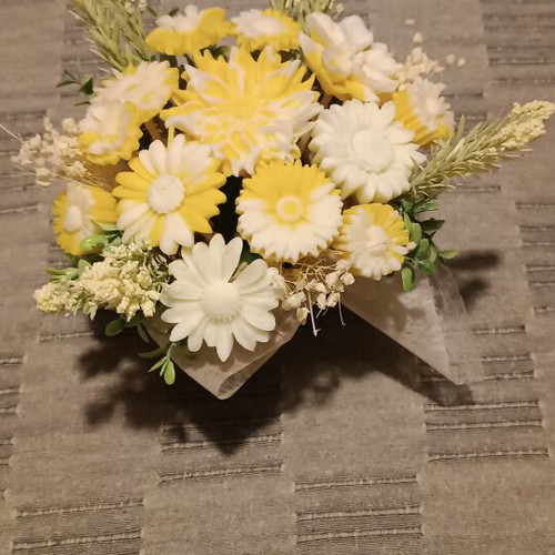 Flower bouquet in ceramic pot with soy candle lemon pie scent