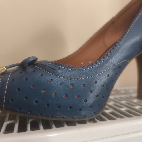 Geox peep toe pumps blue used, size 38.5, brown heel