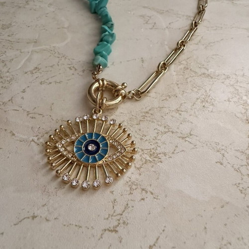 Necklace with turquoise stones and eye pendant like new, boho style
