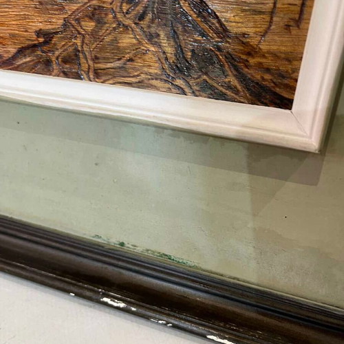 Vintage pyrography wall frame with tree illustration and artist signature 40x36