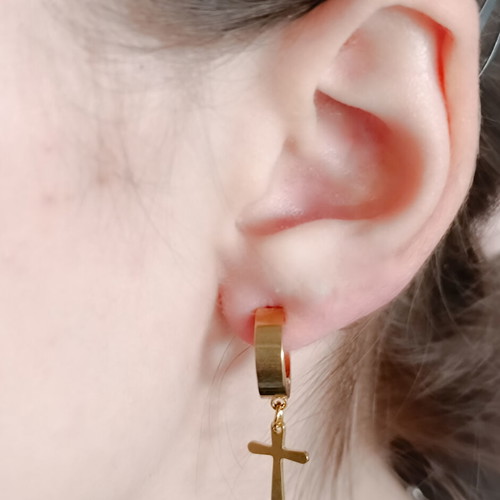 Unisex gold-tone stainless steel small hoop earrings with cross