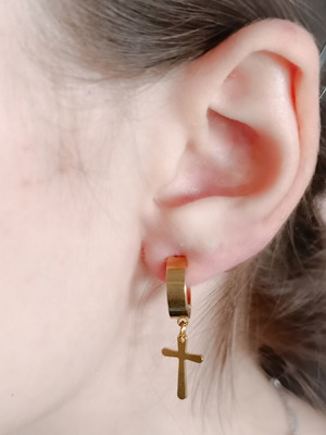 Unisex gold-tone stainless steel small hoop earrings with cross