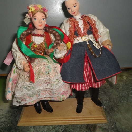 Polish Dolls with Traditional Costumes on Wooden Base like new