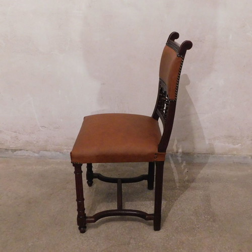 Carved chair with leather seat like new, French made