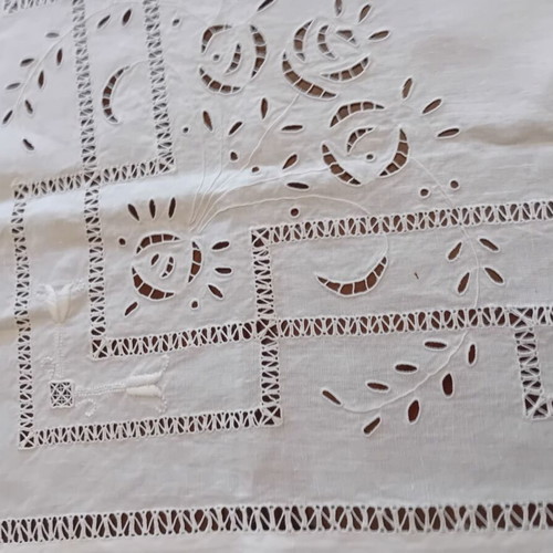 Handmade white large cutwork tablecloth 1x1 French linen