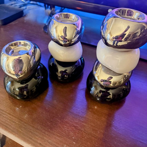 Set of 3 Modern Stone Stack Candlesticks like new, Chrome & Ceramic Design